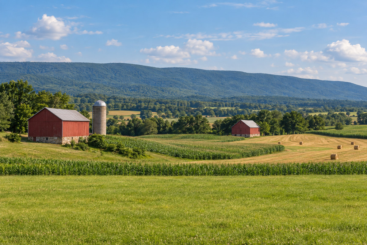 Rolling farm fields and red barns in the Frederick Valley, with Catoctin Mountain on the horizon
