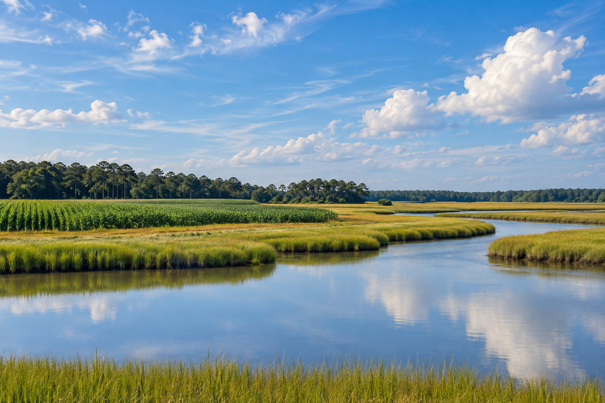 Flat Eastern Shore farm fields meeting a tidal creek and marsh grass under a wide sky
