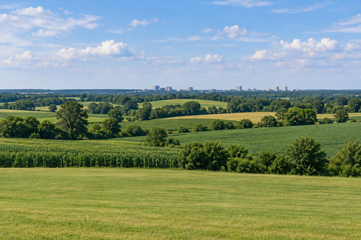 Farm fields of Montgomery County's Agricultural Reserve, with a suburban skyline in the distance