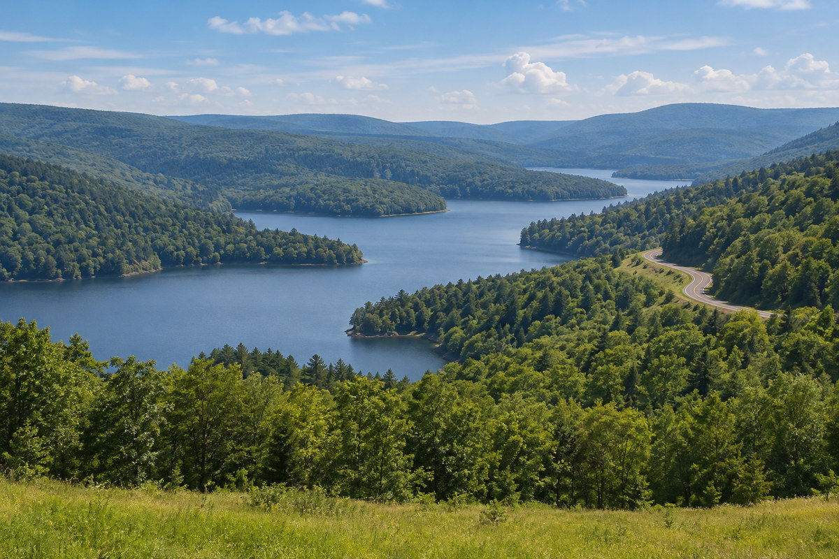 Forested ridges of the Appalachian Plateau in Garrett County, with a winding road and a lake below